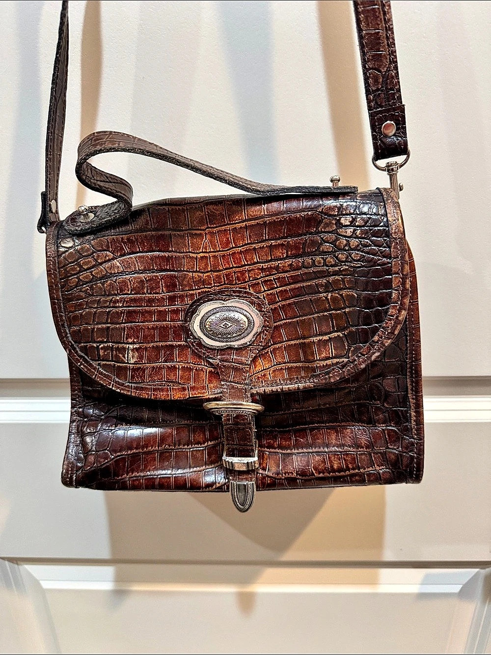 Raviani Crocodile-Embossed Brown Shoulder Bag
